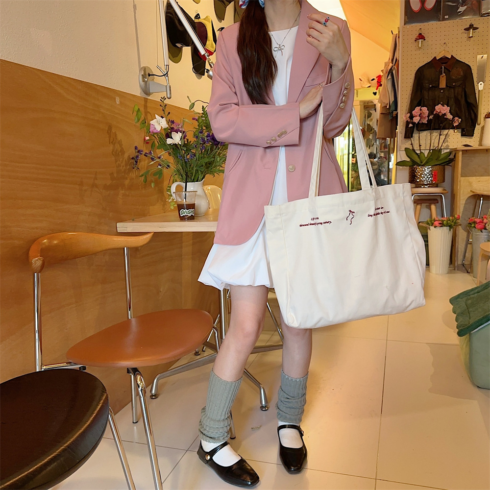 44284 large-capacity double-sided embroidered bow, sweet tote bag, single-shoulder cloth bag, canvas schoolbag for girls undefined
