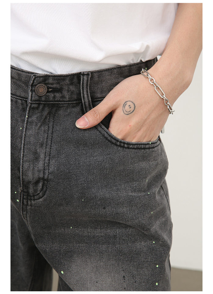 Quần short denim nam ống rộng lửng trên gối, họa tiết vệt sơn mực kiểu đường phố — Xanh lam nhạt, Đen xám chi tiết 13