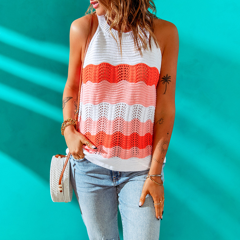 时颖欧美撞色上衣女夏季跨境新款晴棉撞色拼接亚马逊针织毛线背心