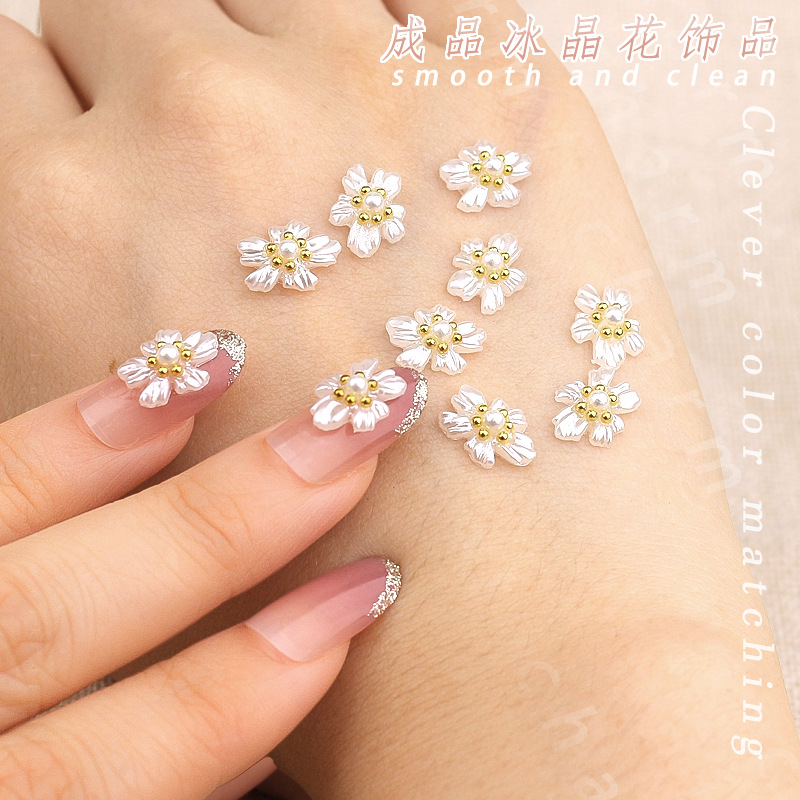 Nuevos productos terminados flores de cristal de hielo joyas de taladro de uñas acrílico de acero blanco flores de perlas decoración de uñas