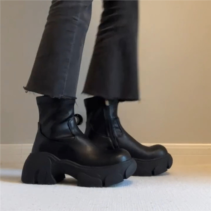 Cowhide Version ~ Genuine Leather Thick-Soled Short Boots for Women with Zipper, Genuine Leather Slimming Look Short Boots, Round-Toe Daddy Boots