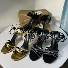 西班牙ZA2024夏季新品女鞋舒适外出凉鞋黑色带饰细跟细钻露趾高跟