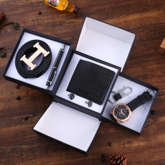 Men's gift set business handsome fake three-eye quartz watch + belt + wallet + cufflinks + keychain + pen