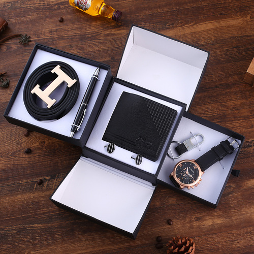 Men's gift set business handsome fake three-eye quartz watch + belt + wallet + cufflinks + keychain + pen