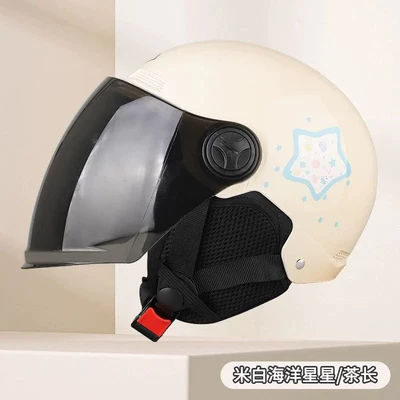 Motosiklet kaskı (dəbilqə) — half helmet for men and women - off-white-brown-long-strip-ear-protection-3c-certified-rainproof-one-size-fits-all-unisex-head-circumference-53-60cm