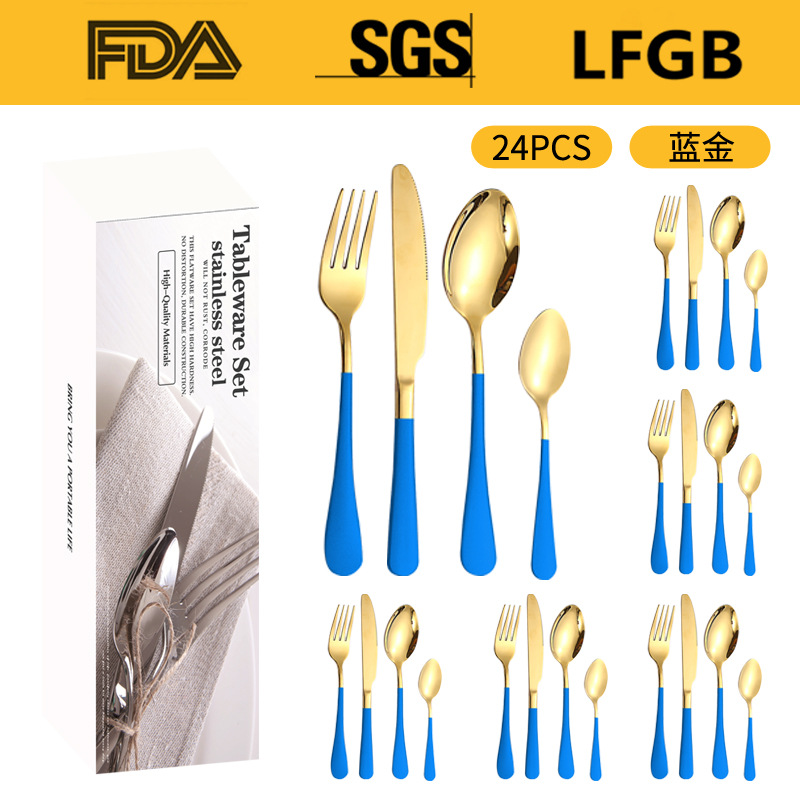 Amazon productos calientes de acero inoxidable vajilla 24 unidades traje 1010 cuatro piezas principales caja simple comida occidental cuchillo, tenedor y cuchara