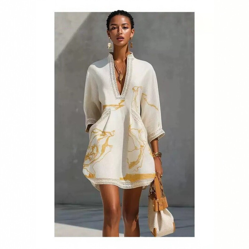 European and American style V-neck lace-trimmed three-quarter-sleeve midi dress, featuring a gold print and a loose, relaxed fit, perfect for vacation wear European and American style V-neck lace-trimmed three-quarter-sleeve midi dress, featuring a gold print and a loose, relaxed fit, perfect for vacation wear