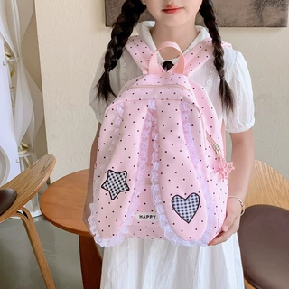波点蕾丝兔耳儿童双肩包女童幼儿园书包格纹爱心星星出游可爱背包