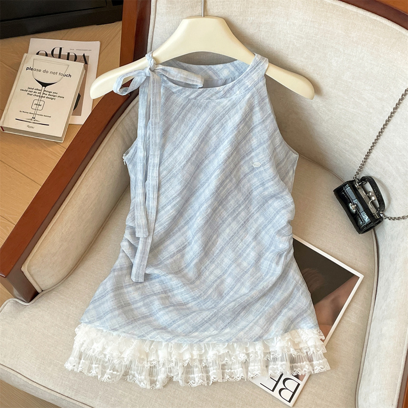 Blue Elegant Spliced ​​Lace Pleated Sleeveless Shirt for Women Summer New Style Super White and Stylish Plaid Chiffon Top