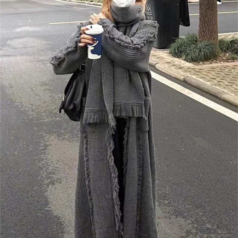 欧美跨境针织开衫女秋冬新款慵懒风长款流苏设计感宽松毛衣女大衣|undefined