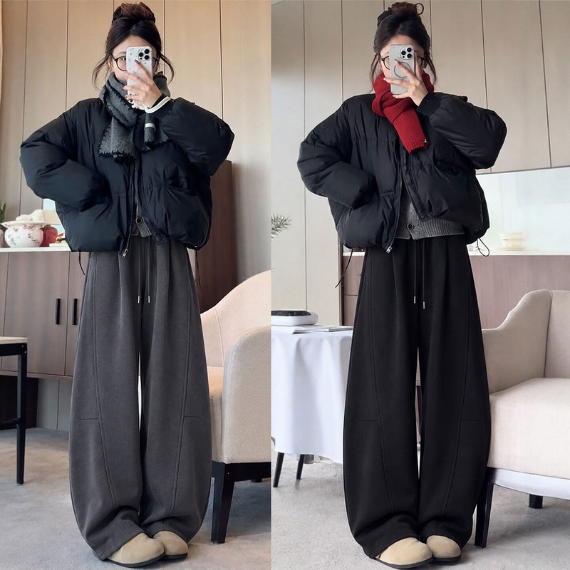 American-Style Curved Hem Pants for Women 2026 New Autumn and Winter Loose Lazy Banana Sweatpants Petite Wide-Leg Fleece-Lined Sports Pants