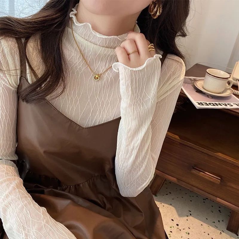 New Stylish Inner Wear Top for Women, Fashionable Ruffled Edge Autumn and Winter Half-High Collar Lace Fleece-Lined Base Shirt
