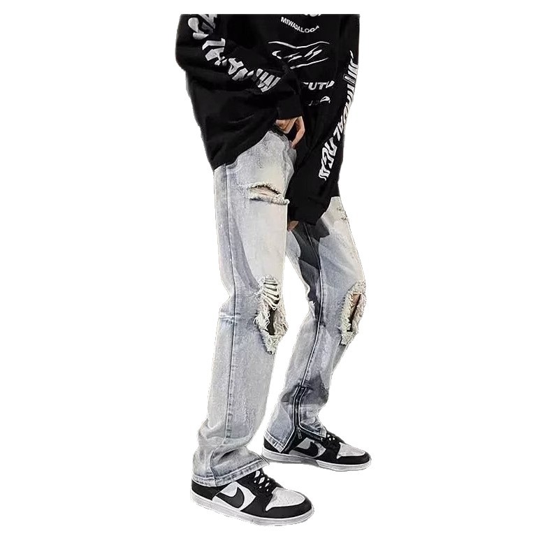 High Street Versatile Trendy Brand Ripped Jeans for Men Summer European and American Street Loose Handsome Straight Casual Pants Wide Leg Pants