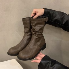 增高粗跟复古中筒靴骑士靴女2025新款单靴堆堆小短靴秋冬马丁靴子