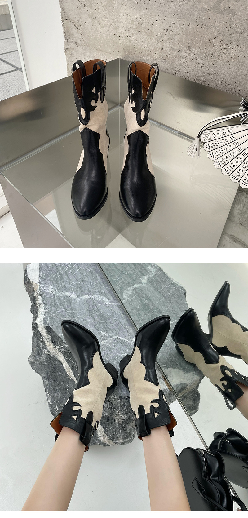 2024 Fashion Pointed Korean Edition Temperament Splicing Simple and Versatile Sleeve Thick Heel Short Boots for Women_voghion.com