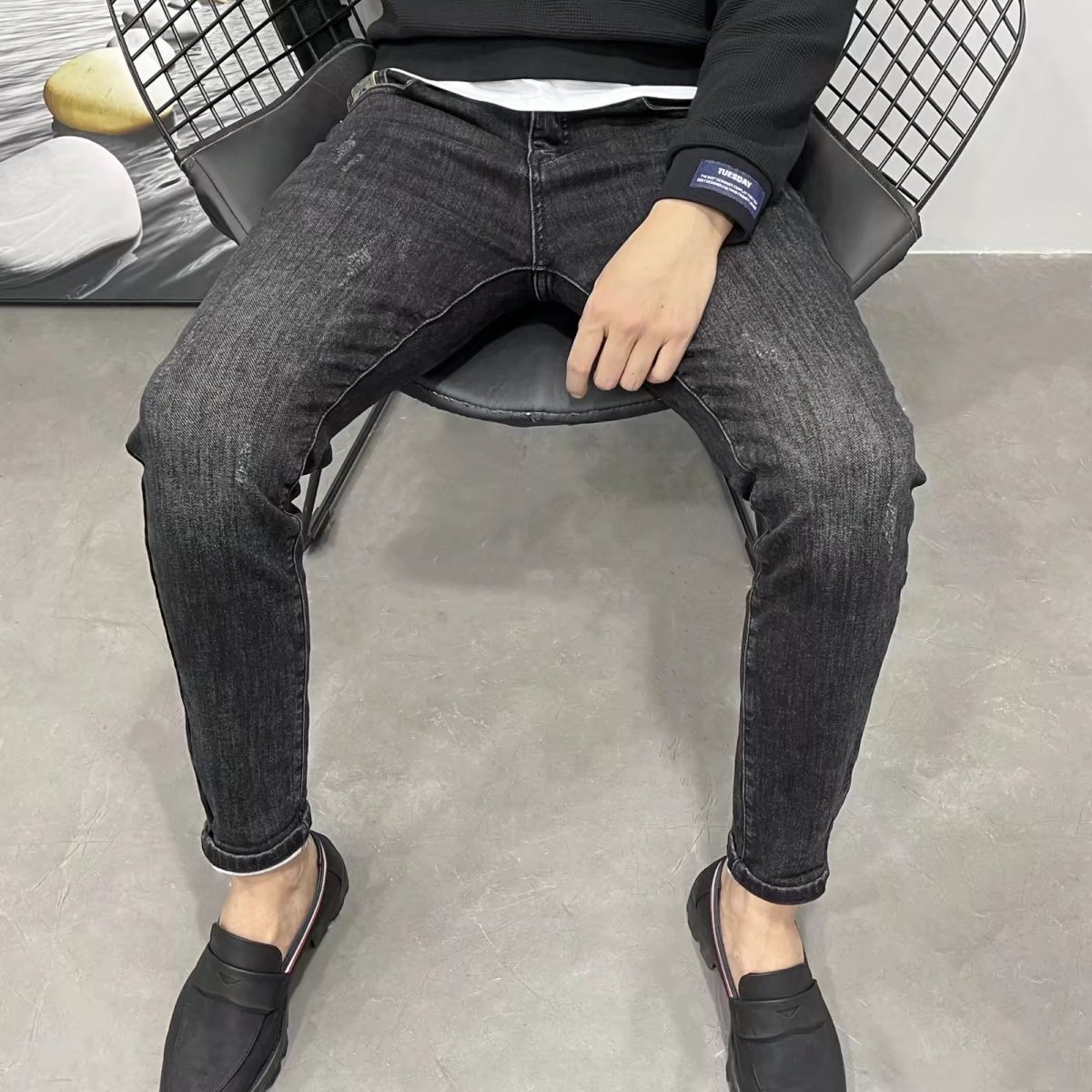 2024 Spring New Black Split Jeans for Men's Slim Fit, Elastic, Versatile Small Feet Pants Trendy_voghion.com