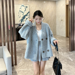 高级感慵懒风V领针织开衫外套女秋季大码胖MM显瘦宽松双排扣毛衣