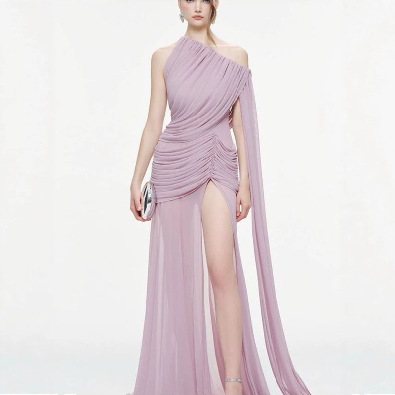 2026 Spring/Summer New Single-Shoulder Elastic Mesh Waist-Cinching Dress Sexy Ruched Dress French Elegant Cross-Border 2026 Spring/Summer New Single-Shoulder Elastic Mesh Waist-Cinching Dress Sexy Ruched Dress French Elegant Cross-Border