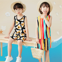夏季儿童绵绸背心短裤套装男童女童人造棉小孩家居服套装代销