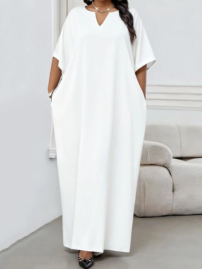 Women's Clothing Elegant V-Neck Long Dress Solid Color Plus Size Loose Fit Robe Fashionable_ecoleips.com