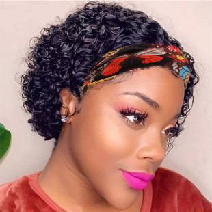 European and American fashion ice silk turban wig women's short curly hair black chemical fiber elf headgear headband wigs