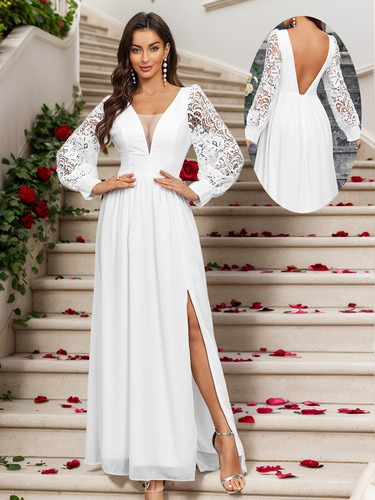 Women's clothes New long-sleeved V-neck lace chiffon backless wedding bridesmaid dress banquet