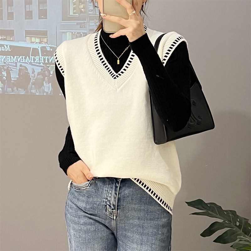 Chaleco de Otoño e Invierno para mujer 2023 nuevo suéter suelto con cuello en V con camisa negra dentro del suéter