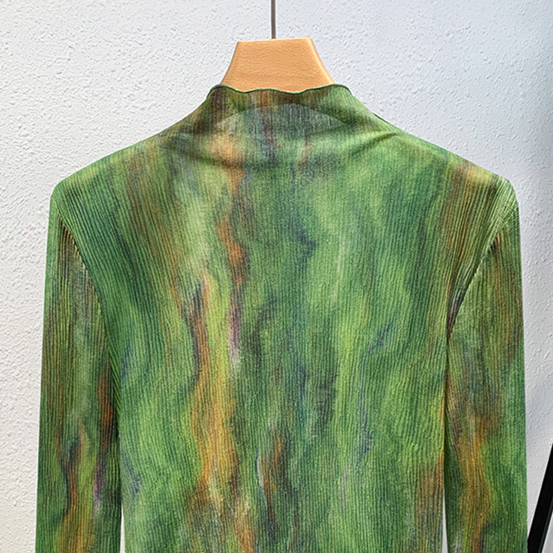 2023 nueva ropa de mujer con orejas de madera estilo occidental pequeña camisa delgada cintura interior ajustada camisa de fondo de malla teñida para mujer image 5