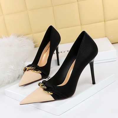 9283-2 European and American style banquet high heels, thin heels, high heels, light cut color contrast pointed metal ch