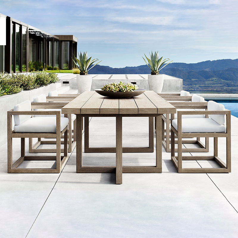 Mesas y sillas de teca para exteriores para patios de villas, mesas largas de madera impermeables para todo tipo de clima, mesas de madera maciza anticorrosivas para jardín exterior.