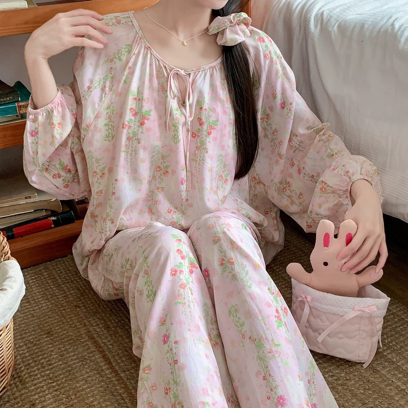 綿シルクパジャマセット女性のホーム服春と夏のパジャマ女性の夏フレンチレトロラウンドネック屋外で着用可能|undefined