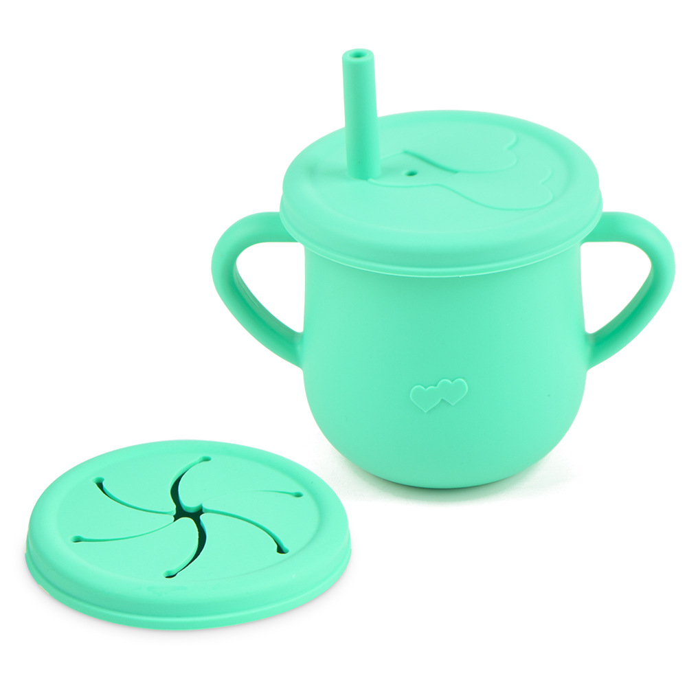 Silicona de grado alimenticio para niños snack Cup mango binaural portátil resistente a la caída con taza de paja de bebé taza de bebida de silicona