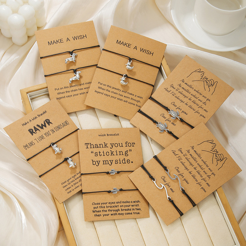 Cross-border Hot Cartoon Cactus Turtle Waves Dinosaur Woven Bracelet Ins Couple Friendship Card Bracelet for Women