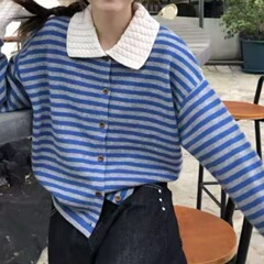 韩系甜美温柔风条纹外套毛衣女宽松软糯针织衫显瘦百搭气质上衣潮