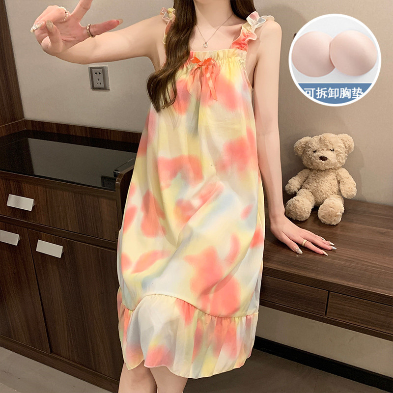 Verano con almohadilla de pecho dulce esling pijama vestido de mujer flores dulces lindas pijama casera casera