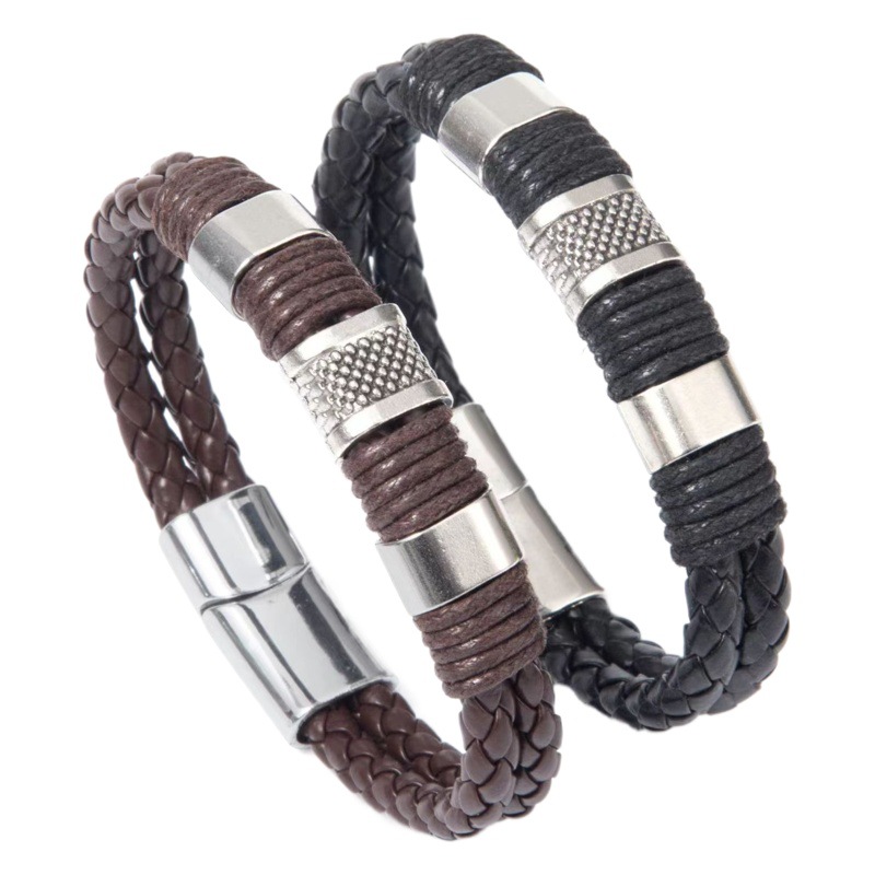 New Hot Cross-border Explosions European and American Men's Magnet Buckle Bracelet PU Alloy Woven Leather Strap Bracelet Jewelry