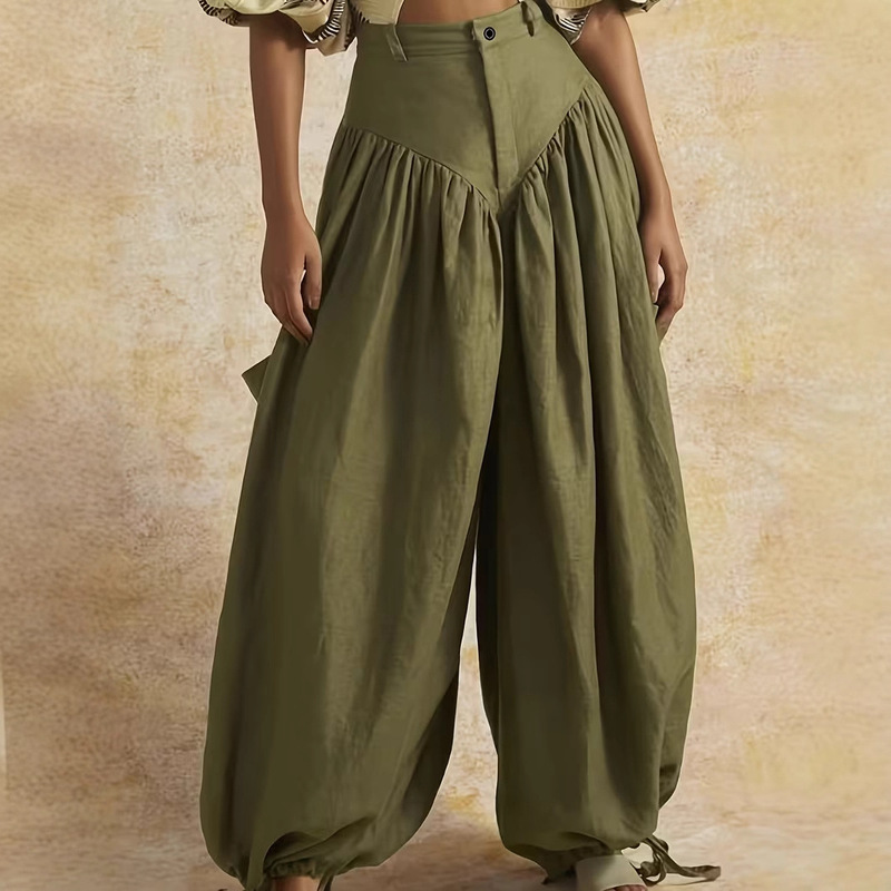 European and American Cross-Border Foreign Trade Women's High-Waisted Loose Wide-Leg Pants with Side Pockets Casual Pants Wide-Leg Pants Drawstring Leggings