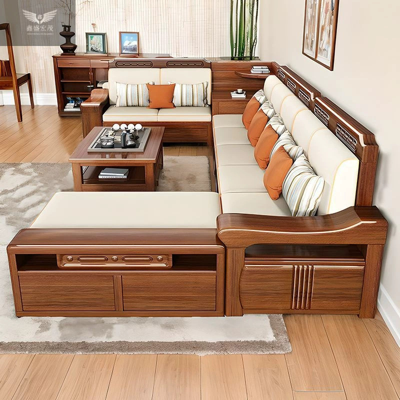 Nuevo estilo chino sala de estar juego completo sofá de madera maciza apartamento grande y pequeño nogal sofá de almacenamiento de madera maciza atmosférica de doble uso para invierno y verano image 5