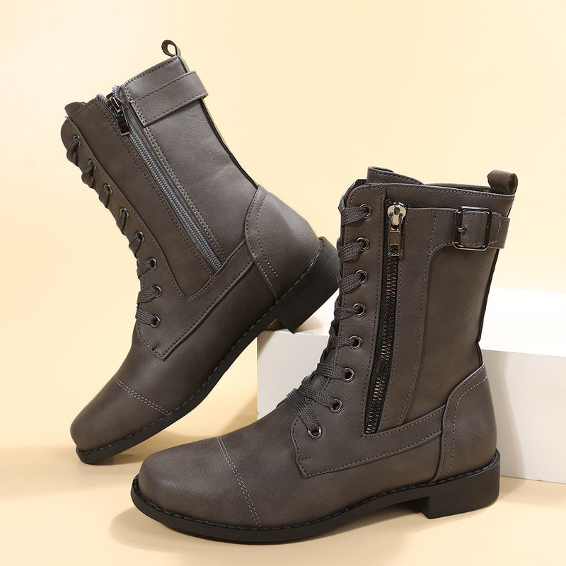 Chaussures pour femmes nouvelles bottes Martin à bout rond et à talon bas avec fermeture éclair sur le côté pour femmes, bottes en cuir rétro à talon carré et tube moyen de grande taille_voghion.com