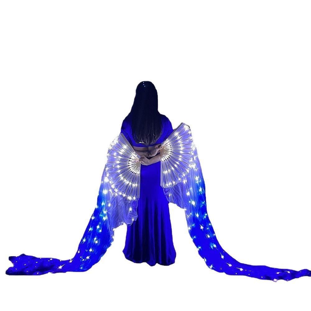 Nuevo LED luminoso ventilador blanco y azul gradiente tela de seda danza apoyos suave alambre luz carga etapa rendimiento