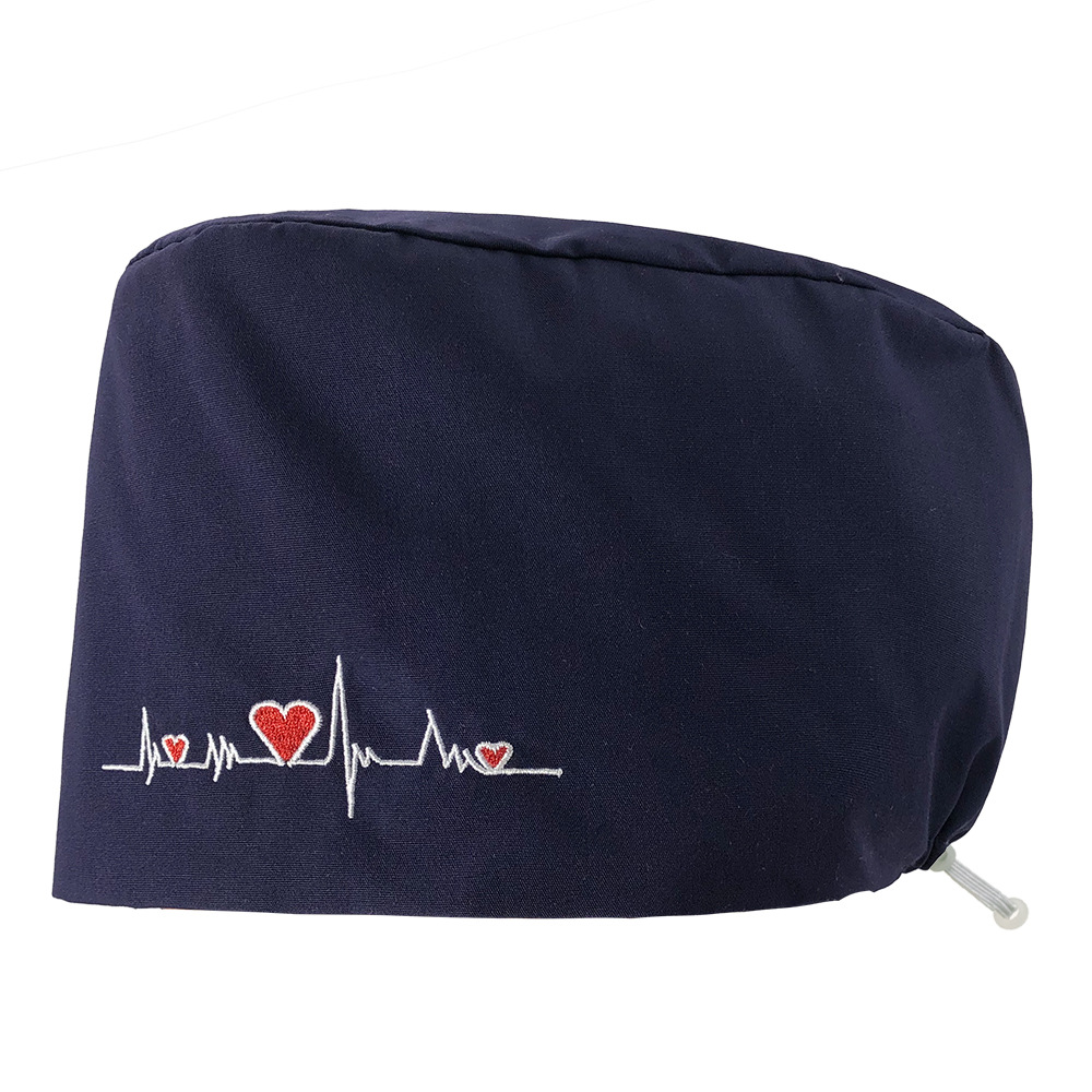 Gorro de enfermera con bordado de ECG de corazón, algodón puro, gorro de trabajo con bordado de color sólido, gorro simple para cabello largo, venta al por mayor.
