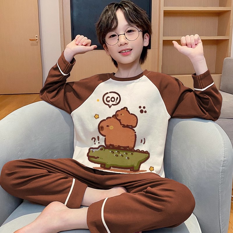 男童睡衣春秋季款长袖长裤青少年宽松版可外穿儿童家居服套装批发