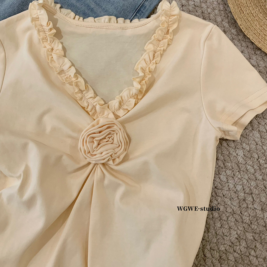 Liquidación, sin devoluciones ni cambios, diseño veraniego, estilo nicho, top adelgazante, capa interior ajustada, cuello en V, camiseta de manga corta con encaje W558 image 5