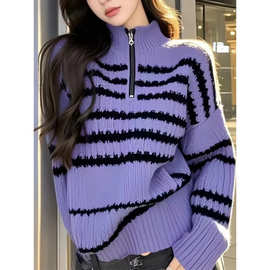 紫色条纹半拉链毛衣女款2025新款秋冬慵懒高级感加厚宽松针织艺瑾