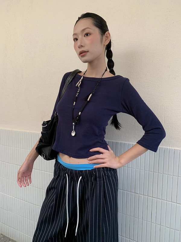 [9hour]美式甜辣风正肩t恤女 2025秋季百搭中袖微弹上衣女c250635|undefined