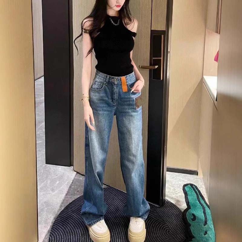 Shenzhen Nanyou High-End Leather Label Wide-Leg Jeans for Women, New Spring and Autumn High-Waisted Pants with Leather Splicing