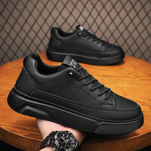 Men's all-season slip-on black leather shoes, versatile casual sports shoes, thick sole, height increasing, waterproof men's board shoes