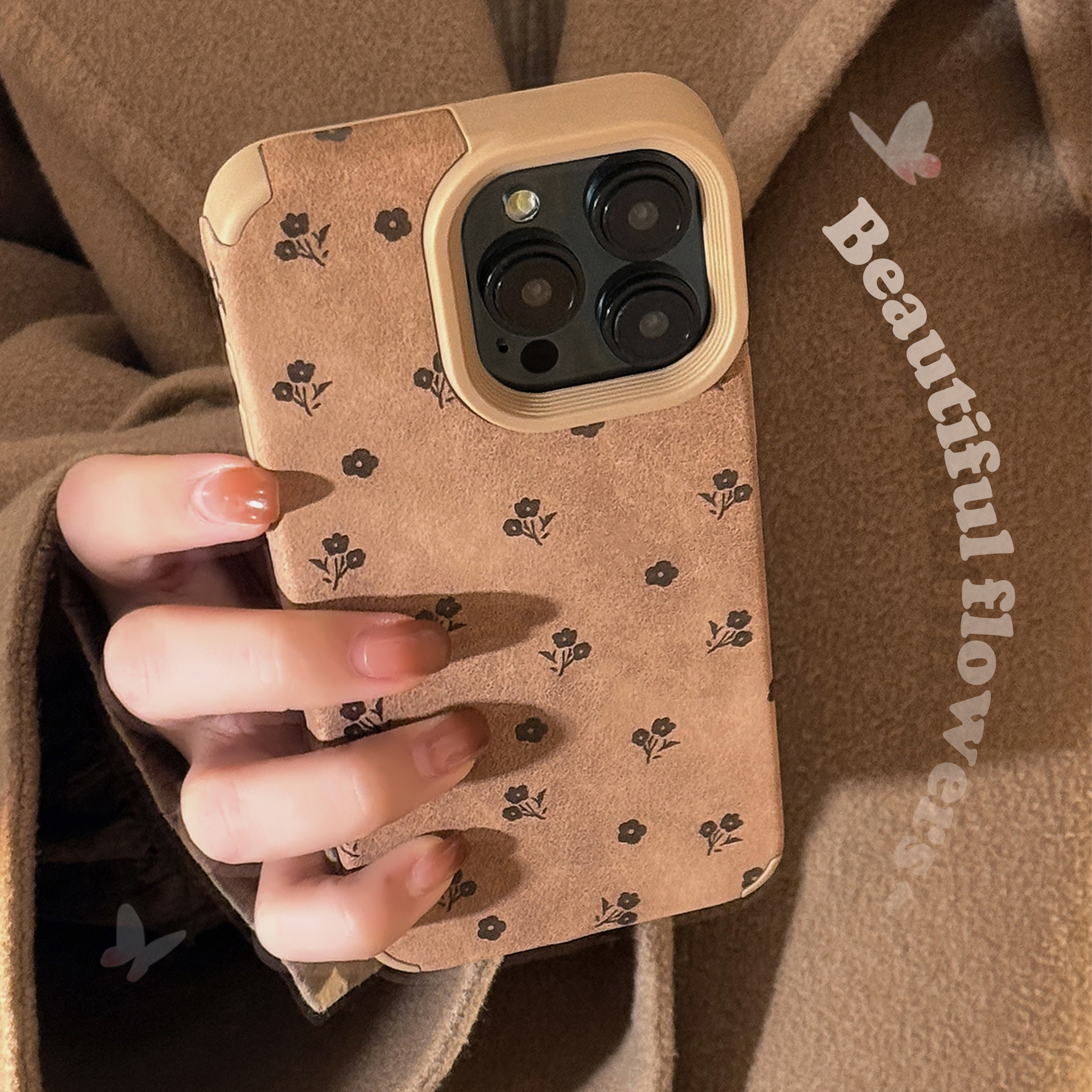 Funda para Teléfono Apple iPhone 16, 17 Pro Max, 14, 13, Diseño Floral Francés en Gamuza, Estilo Simple y Retro