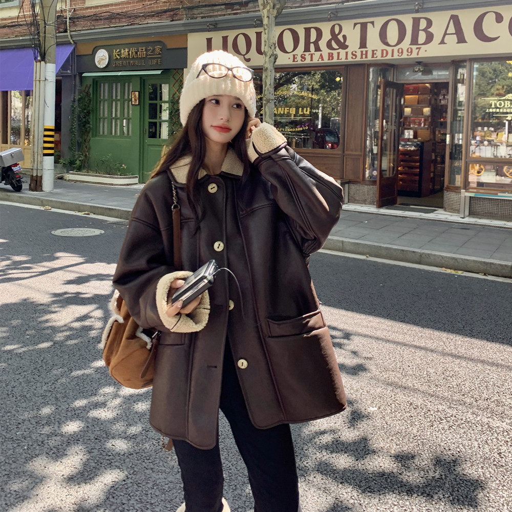 Maillard Pu Fur Integrated Lamb Wool Outwear Women's Autumn and Winter Motorcycle Jacket Fleece-Lined Thickeneded Cashmere Cotton Outwear