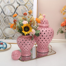 现代家居镂空干花瓶摆件客厅插花装饰品花器高级感花插摆件陶瓷